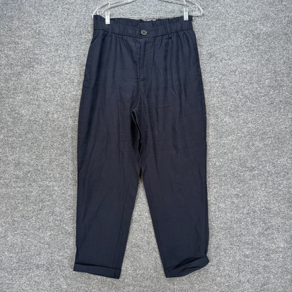 Zara Tapered Pants Womens Large Blue Paperbag Waist Cuffed Casual Trousers